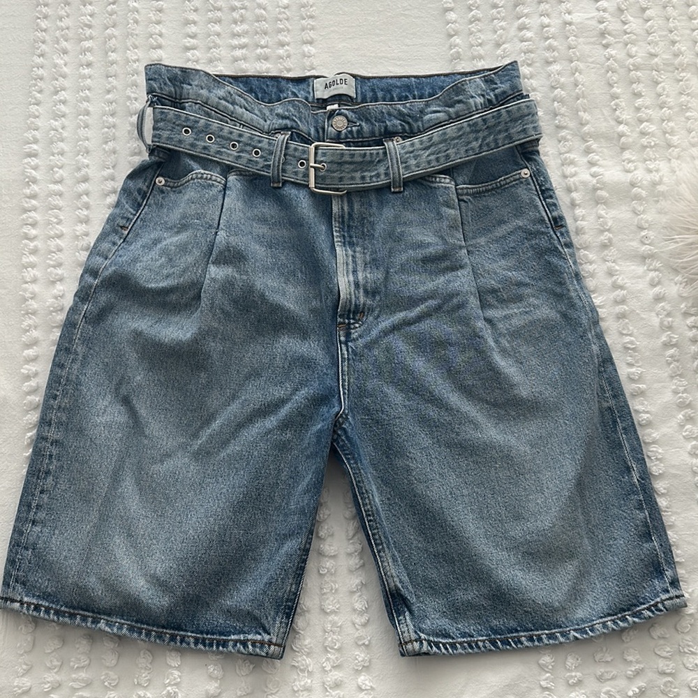 AGOLDE 90s High Rise Denim Bermuda Shorts Paperbag Waist Belted Size 29